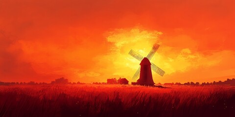 A Beautiful Sunset Behind a Traditional Windmill in a Tranquil Countryside Landscape With Golden Fields and Distant Hills