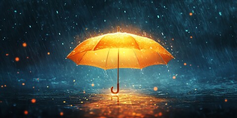 Bright Orange Umbrella Glowing Amidst Heavy Rain and Splashing Water at Night, Creating a Warm Contrast Against the Dark, Wet Environment