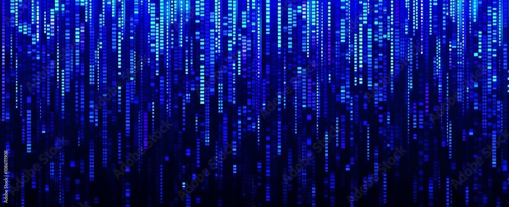 Poster backdrop with digital data squares in a blue pattern on a white background