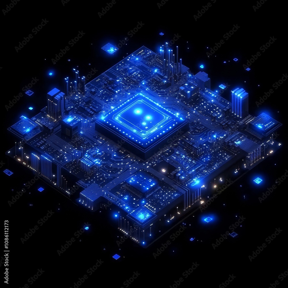 Fototapete abstract processor, computer digital chip, printed circuit board. dark blue technology background, t
