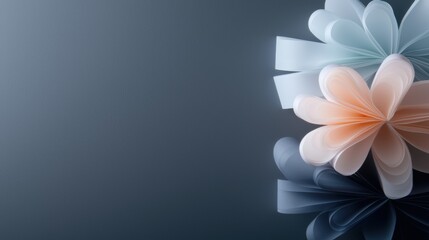 A blue background with three orange and blue paper flowers