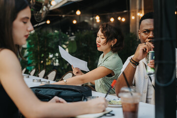 Young professionals engaging in a casual meeting at an outdoor cafe, discussing documents and enjoying their drinks. - Powered by Adobe