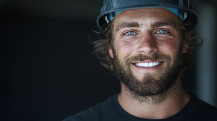Obraz premium A man with a beard and a hard hat on his head is smiling
