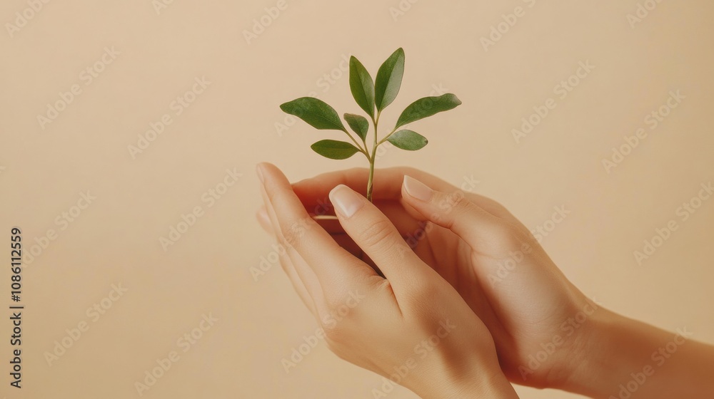 Poster hands carefully support a tiny seedling with vibrant leaves, showcasing a nurturing moment in a calm