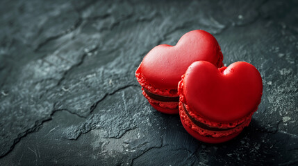 Obraz premium Red macarons in the shape of hearts on a dark surface, space for text.