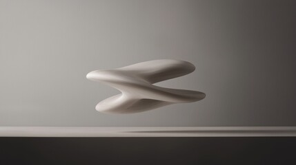 A white sculpture of a twisted shape is floating in the air