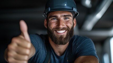 Fototapeta premium A man with a big smile on his face is giving a thumbs up