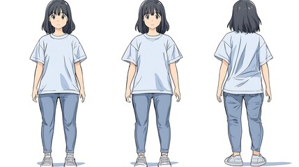 Anime girl character design, casual clothes, 3 views