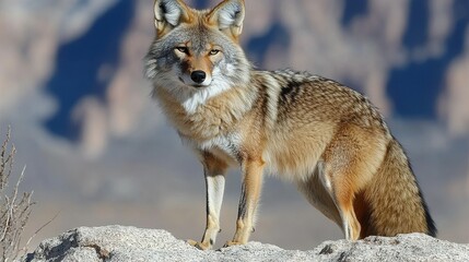 Fototapeta premium A coyote perches on a rocky ledge, surveying its surroundings with keen eyes. The backdrop features blurred mountains, adding to the wild atmosphere