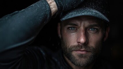 Fototapeta premium A man with a black hat and a black shirt is looking at the camera