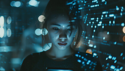 Naklejka premium Woman, tech overlay and cellphone in office for finance research, data analytics or coding in night. Cybersecurity expert, focus and happy in dark workplace with 3d hologram abstract for programming