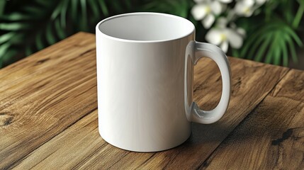 The plain white mug sits alone on a rustic wooden table, creating a calm atmosphere. Lush green plants and orchids provide a serene backdrop, enhancing the tranquility of the space
