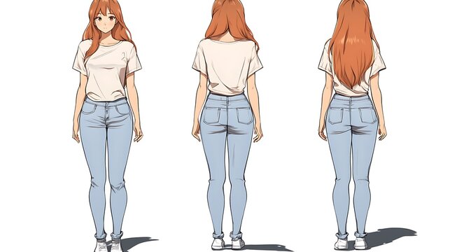 Female Character Design, Casual Outfit, Three Views