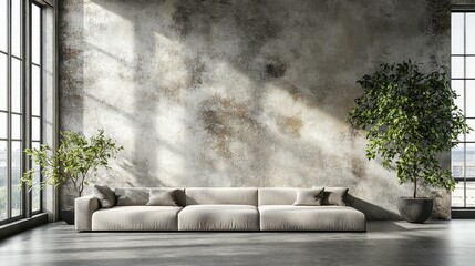 A spacious living room features a soft gray sofa complemented by two green plants. Large windows allow sunlight to illuminate the stylish interior, creating a warm ambiance