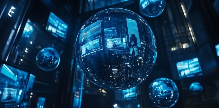 Blog and streaming concept with many digital life style screens on abstract blue background