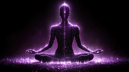 A person sits in a meditative pose, surrounded by a calming purple glow and radiant particles, embodying peace and inner strength in a serene atmosphere