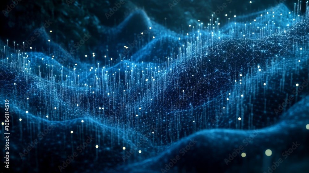 Poster a connected network of dots and lines with moving lines. ai technology and data flow concept in moti