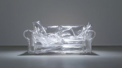 A couch is covered in plastic wrap and has pillows on it