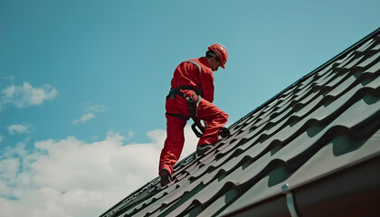 Young man worker master in red overall and helmet is fixing the metal tile roof
