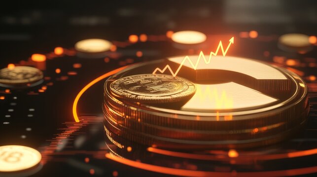 A financial concept with coins on a pie chart and an upward-pointing arrow.

