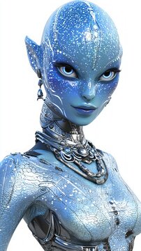 Extraterrestrial Beauty: Stunning 3D Female Alien Character with Iridescent Blue Skin and Intricate Jewelry on Isolated White Background