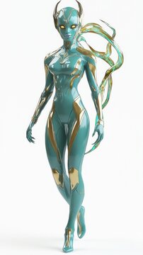 Futuristic Alien Female Character with Turquoise Skin and Energy Hair in Form-Fitting Suit on Isolated White Background - Ultra-Detailed 3D Model Concept