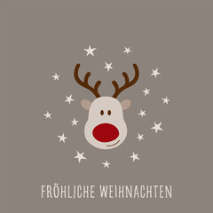 Fröhliche Weihnachten  - Schriftzug in deutscher Sprache. Quadratische Grußkarte mit einem niedlichen Elch mit roter Nase.