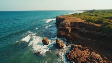 Obraz premium A dramatic top-down view of a rugged beach and rocky cliffs by the Indian Ocean.