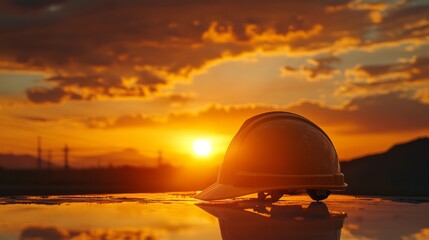 Obraz premium An orange construction helmet against a warm sunset backdrop, symbolizing progress.
