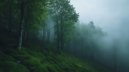 Naklejka premium Misty forest scene with lush green hillside and fog-covered trees.