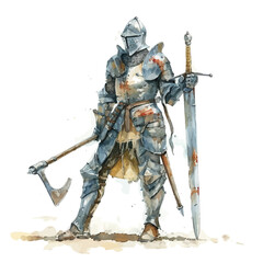 A watercolor vector of a castle guard with a halberd, isolated on a white background. Castle guard with a halberd vector.