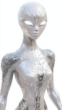 Futuristic Alien Female Character with Silver Skin, White Eyes, and Intricate Tattoos in Form-Fitting Suit on Isolated Background