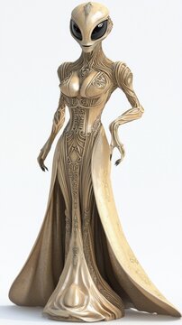 Extraterrestrial Elegance: Stunning 3D Alien Female Character in Golden Skin and Chic Gown on White Background