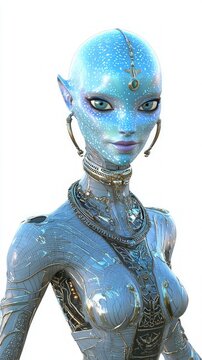Extraterrestrial Beauty: 3D Render of an Enchanting Alien Female with Iridescent Blue Skin and Intricate Jewelry on a White Background