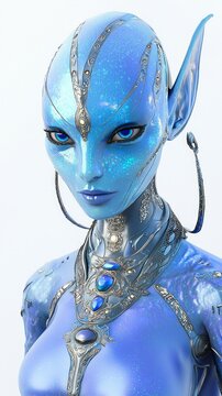 Futuristic Alien Female Character with Iridescent Blue Skin and Intricate Jewelry, Wearing Sleek Bodysuit on Isolated White Background - Ultra-Detailed 3D Model
