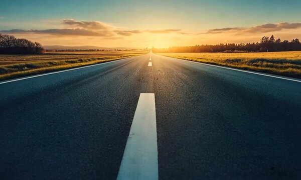 Asphalt road vanishing into a vibrant sunset over a tranquil landscape