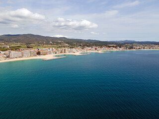 Aerial landscape view of beach and Mediterranean Sea along Costa Brava in Palamos Catalonia