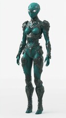 Futuristic Alien Female Character with Teal Skin and Advanced Technology Armor Suit on Isolated White Background.