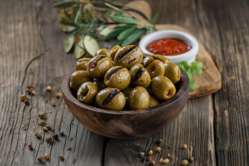 Fototapeta premium A close up view of grilled green olives in a wooden bowl, surrounded by Mediterranean herbs and spices, placed on a rustic wooden table.
