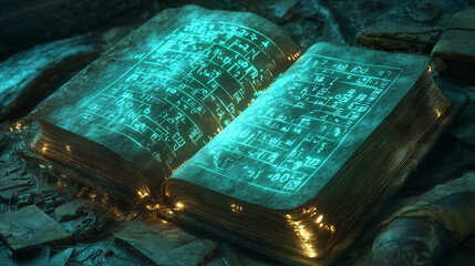 An ancient book open to a page filled with glowing numbers and equations, representing the science of numerology