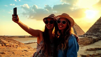 Two young tourist girls standing in front of Giza pyramids at sunset. Happy travelers taking selfies in Egypt