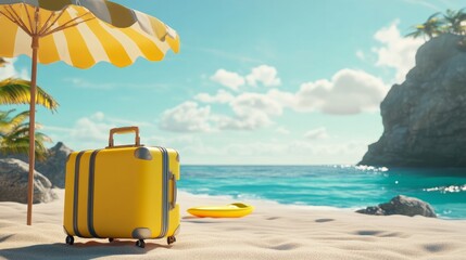 Bright yellow suitcase and beach accessories illustrating a fun summer vacation.

