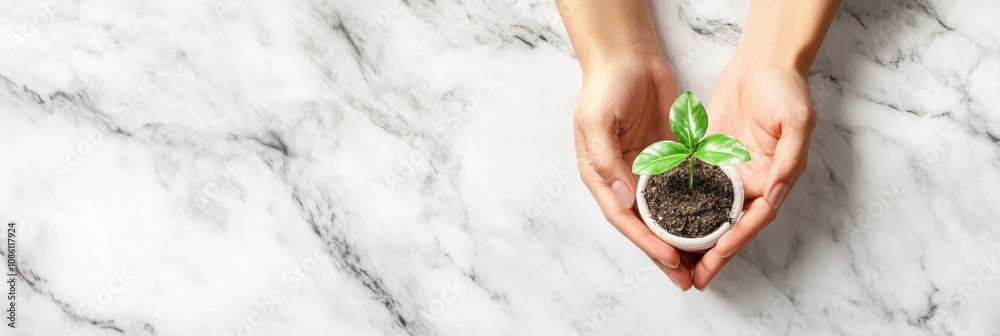 Aufkleber two hands carefully hold a small seedling in a pot filled with soil, resting on a beautiful marble c
