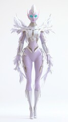 Obraz premium Graceful Alien Female Character with Lavender Skin and Turquoise Eyes in Futuristic Outfit on White Background