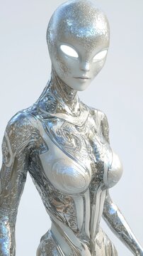 Enigmatic Alien Female Character with Silver Skin and Intricate Tattoos on Isolated Background, Ultra-Detailed 3D Model Conveys Intelligence and Allure