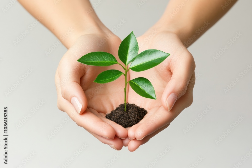 Aufkleber two hands cradle a small seedling, showcasing the beauty of nature and the importance of nurturing n