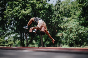 Athletic man executing a dynamic back-flip on a sunny day in a serene outdoor park, showcasing...