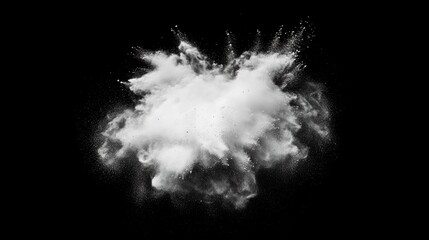 Dynamic burst of white powder against a dark background, forming a vibrant cloud.

