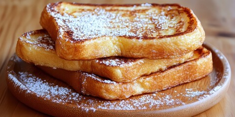 Stack of Delicious French Toast Slices Dusted with Powdered Sugar on a Wooden Plate, Perfect for Breakfast or Brunch Inspiration and Culinary Photography