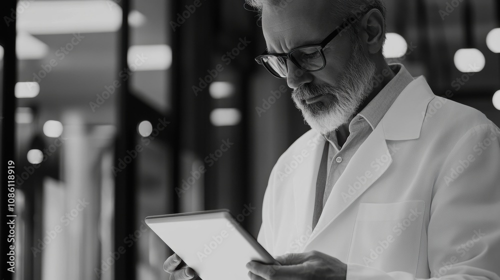 Poster a doctor in a white coat focuses on patient data displayed on a tablet, surrounded by contemporary m